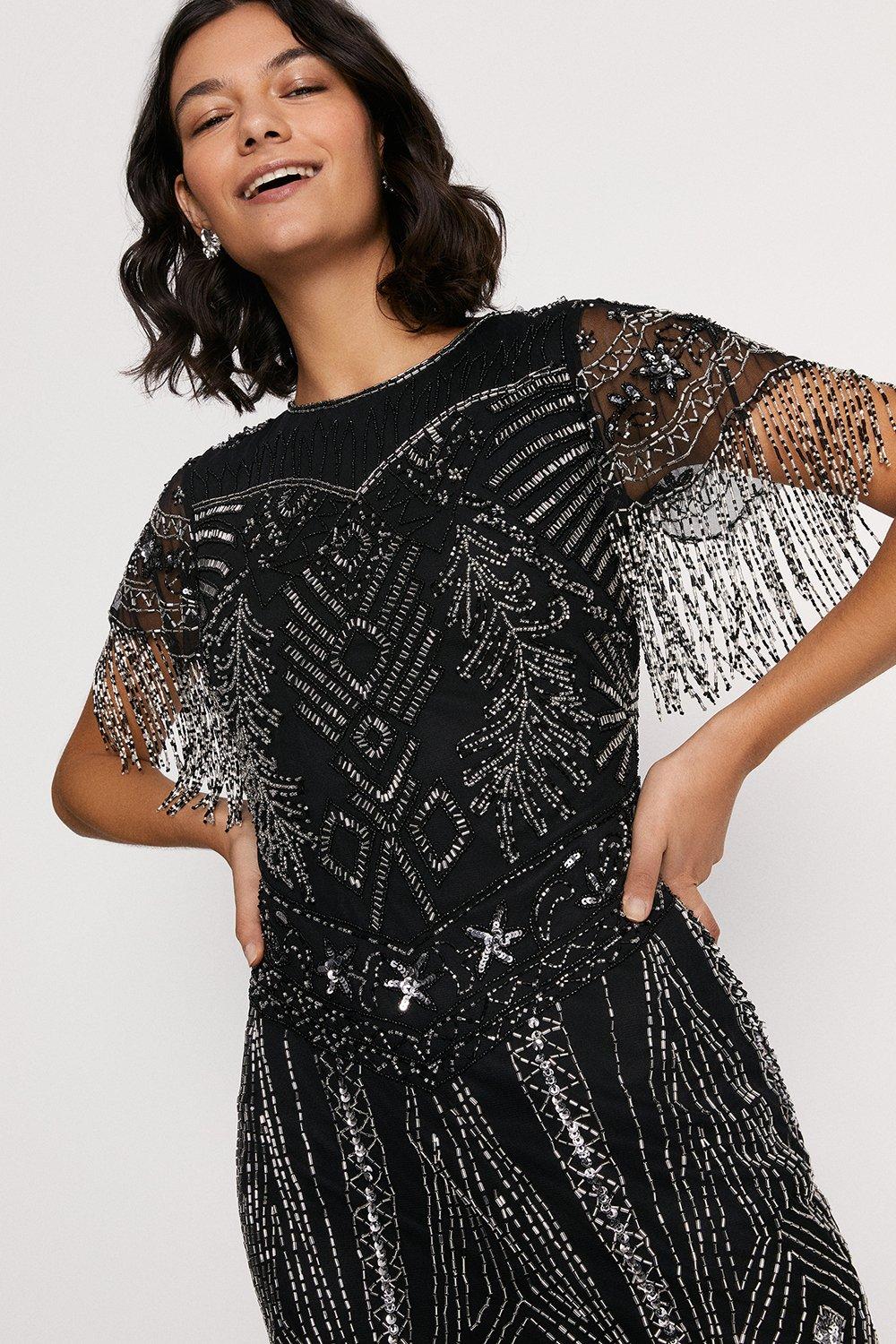 oasis black fringe dress
