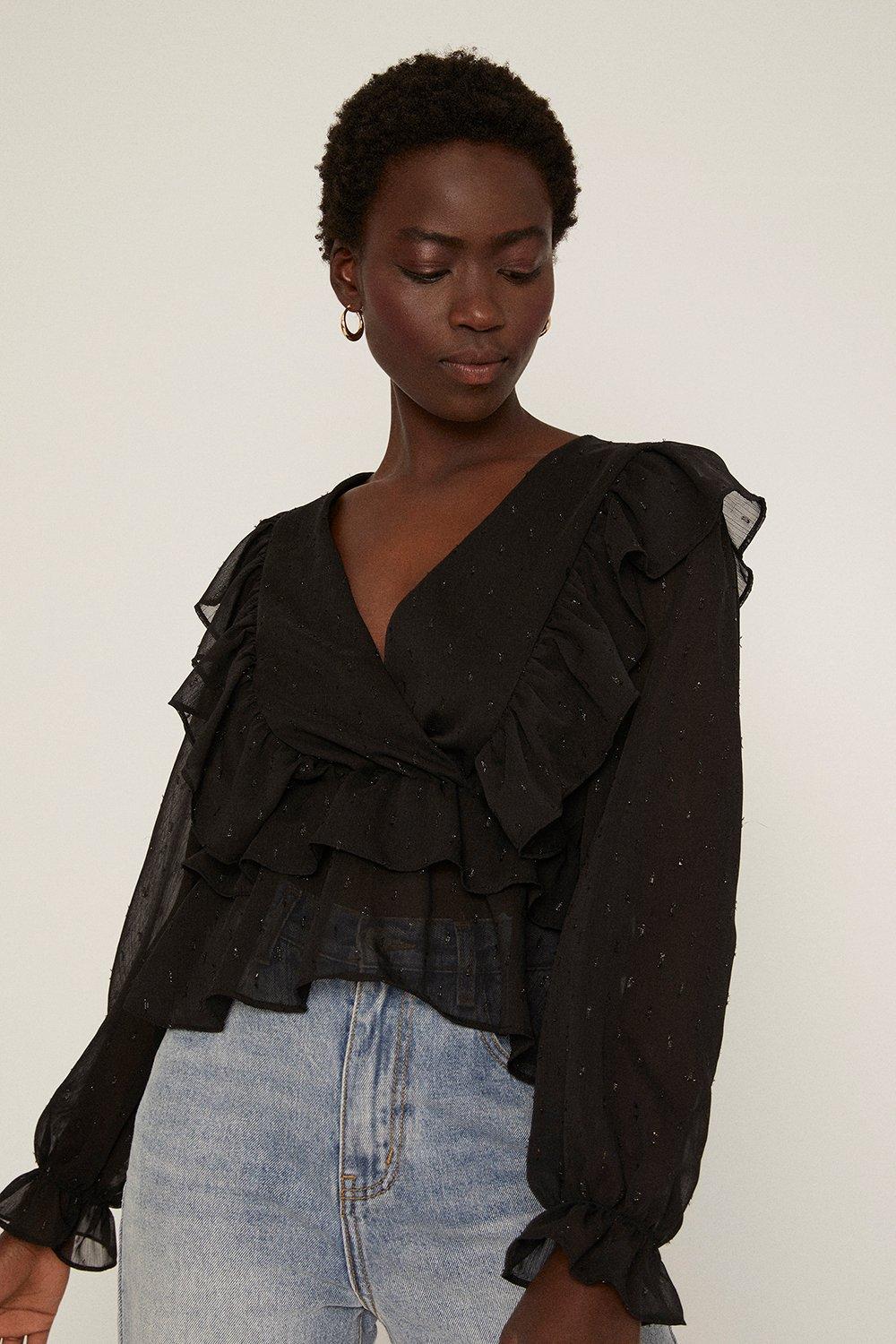 black ruffle blouse