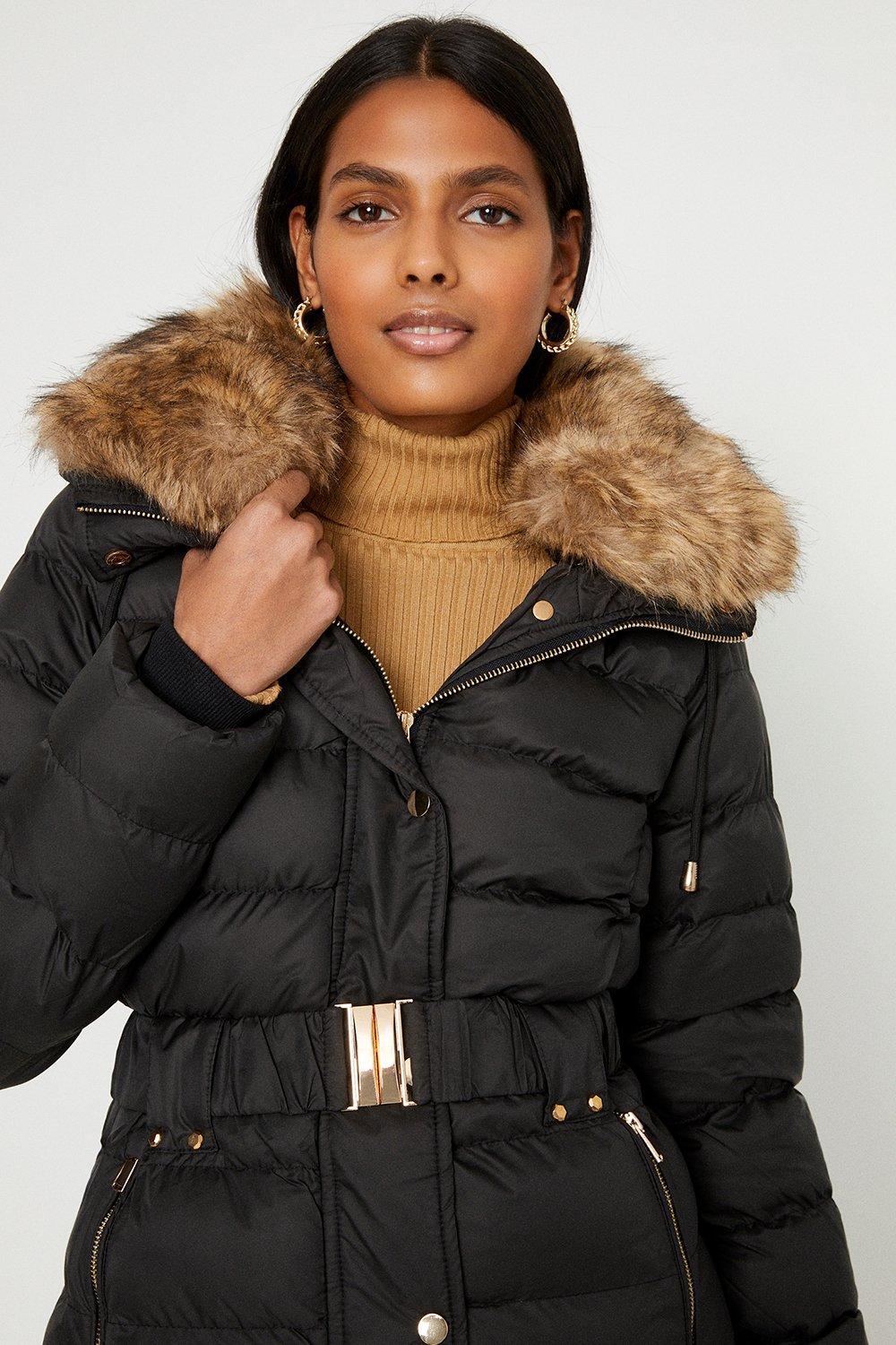 black padded faux fur trim puffer coat