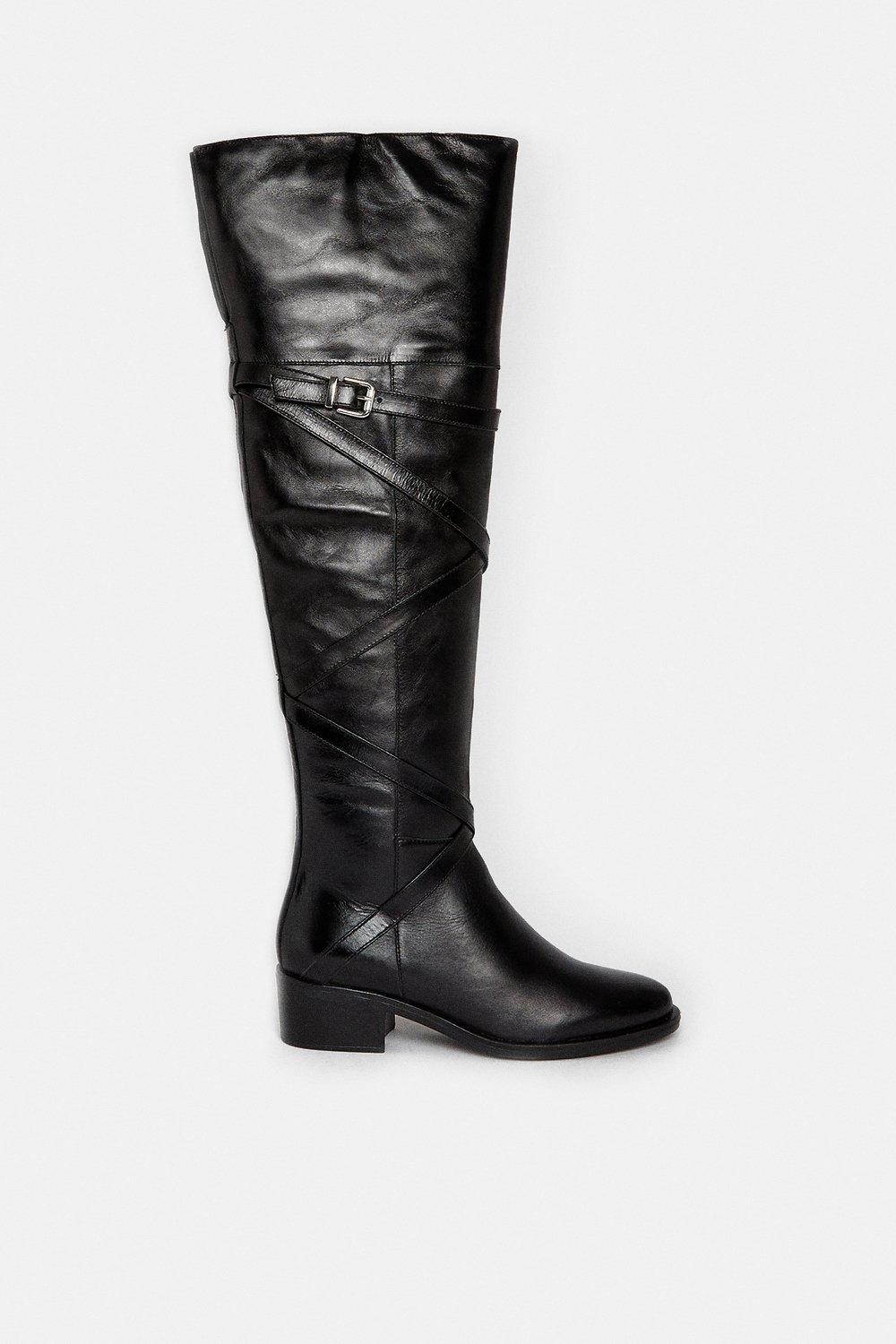 Long Flat Leather Riding Buckle Boot 