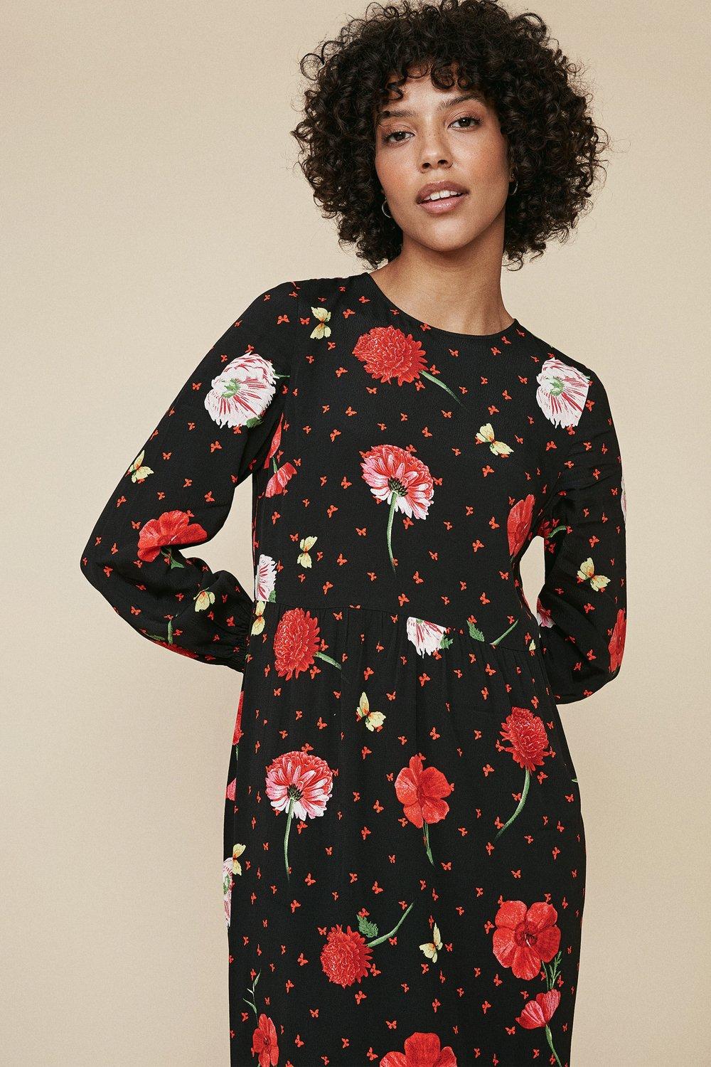 Red Floral Print Tiered Midi dress | Oasis