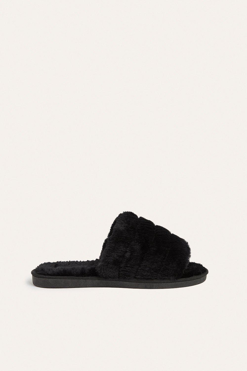 black fluffy mule slippers