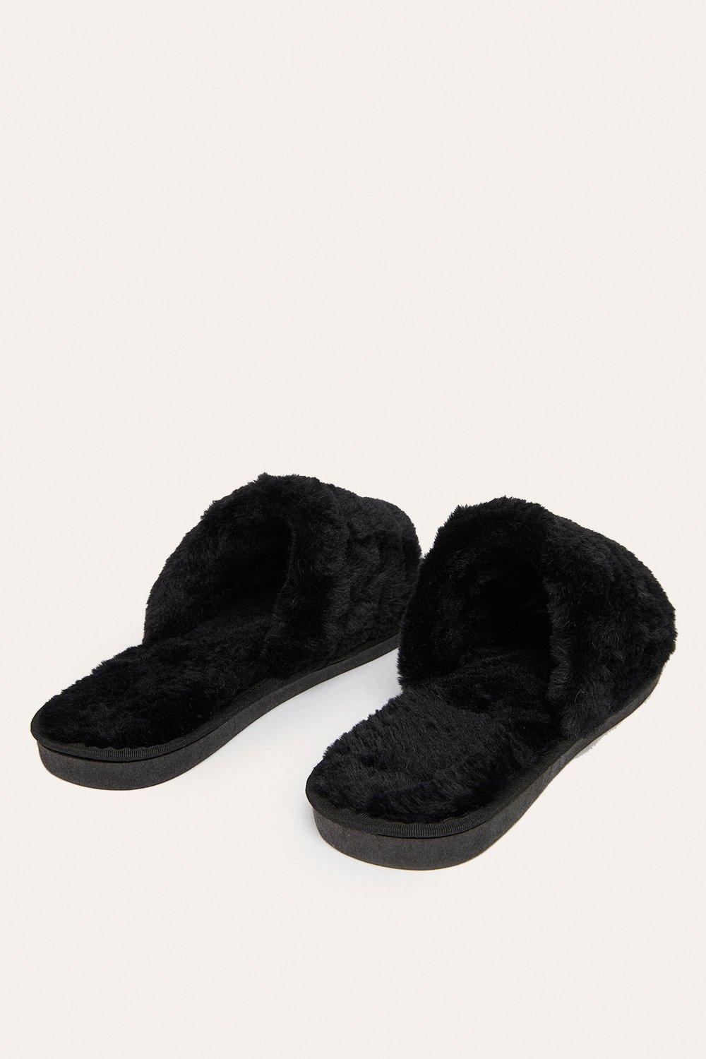 black fluffy mule slippers