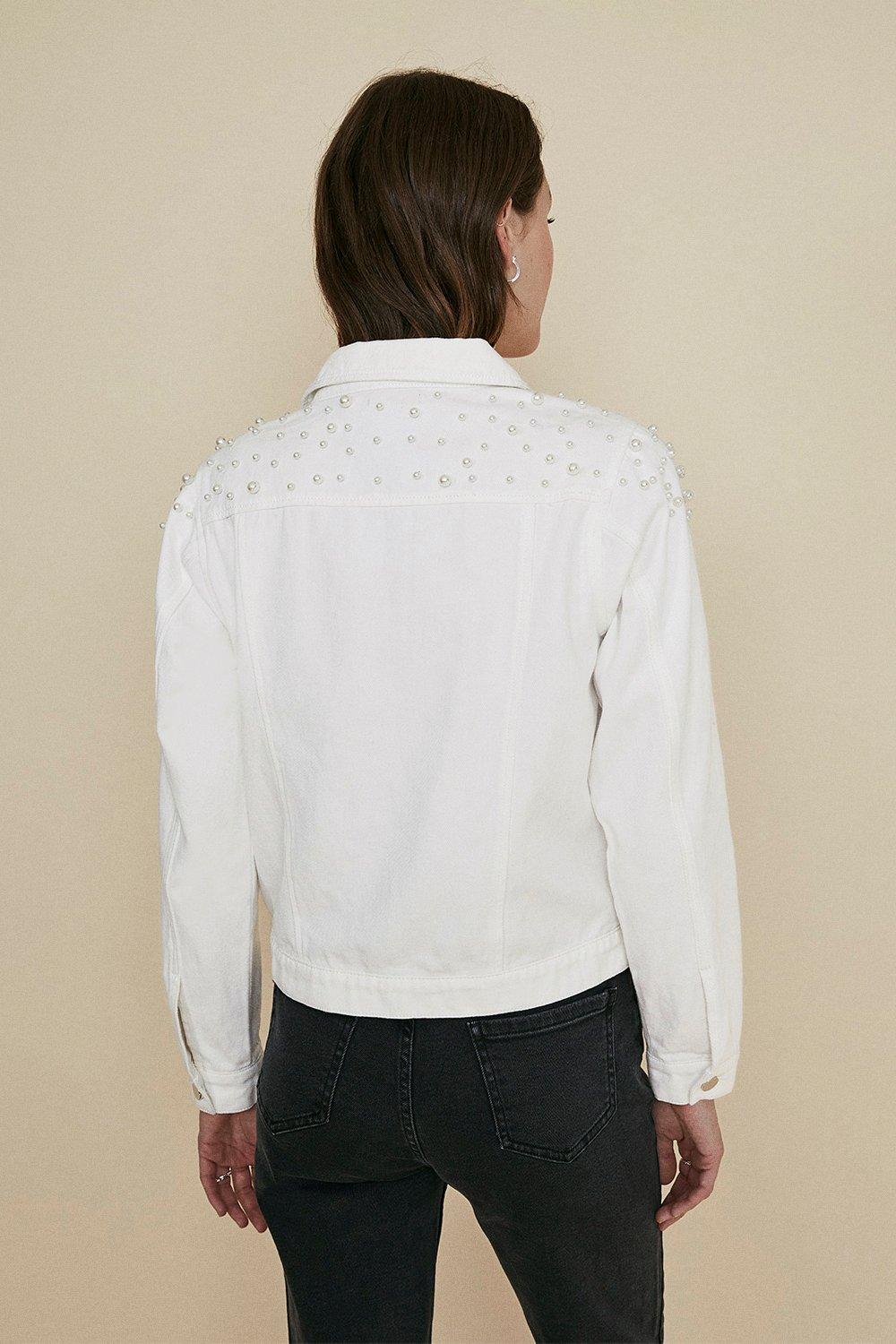 white jean jacket with pearls