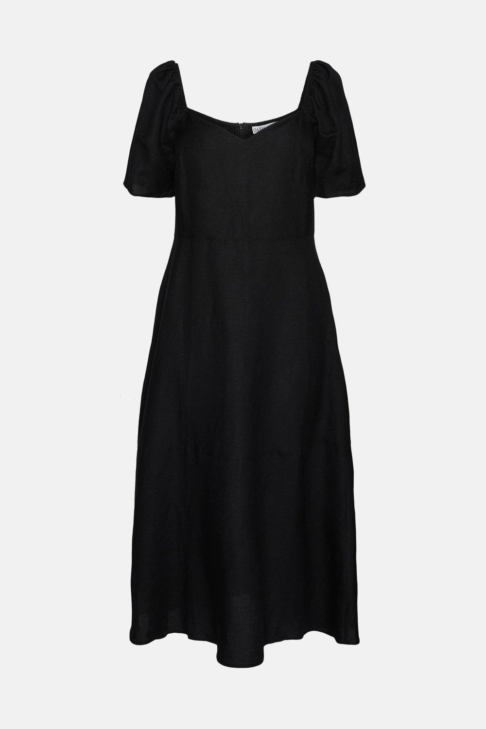 black linen puff sleeve dress