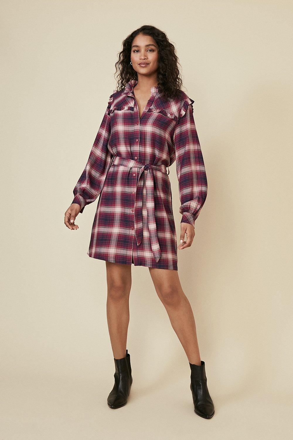 purple check shirt dress