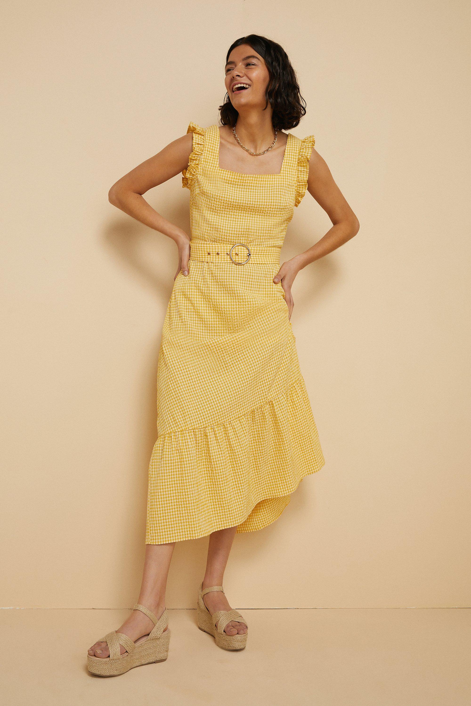 Yellow Gingham Ruffle Sleeve Midi Dress ...