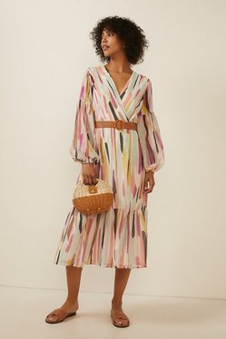 Coloured Striped Print Belted Midi ...