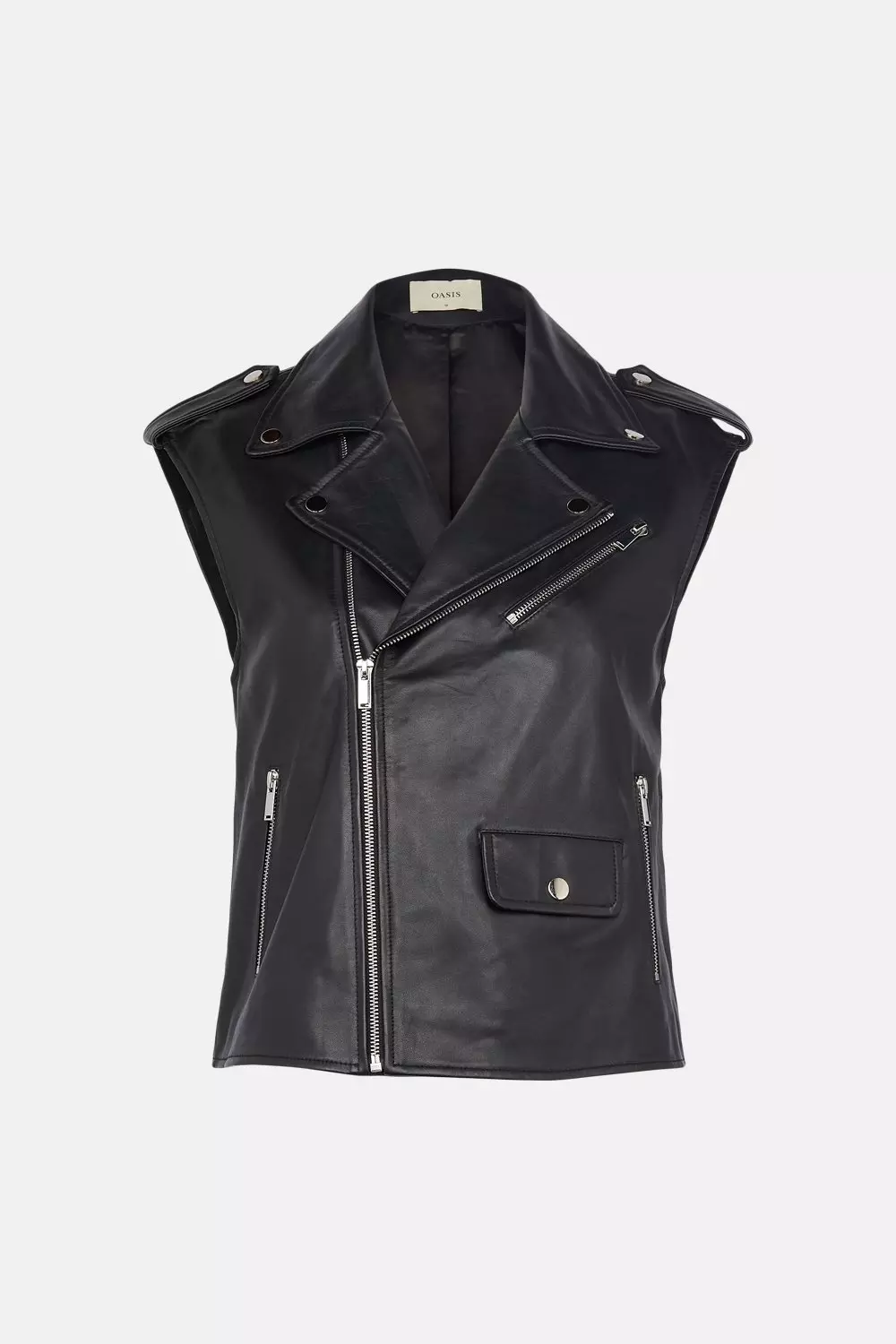 Stradivarius faux leather longline sleeveless biker jacket with belt in  black