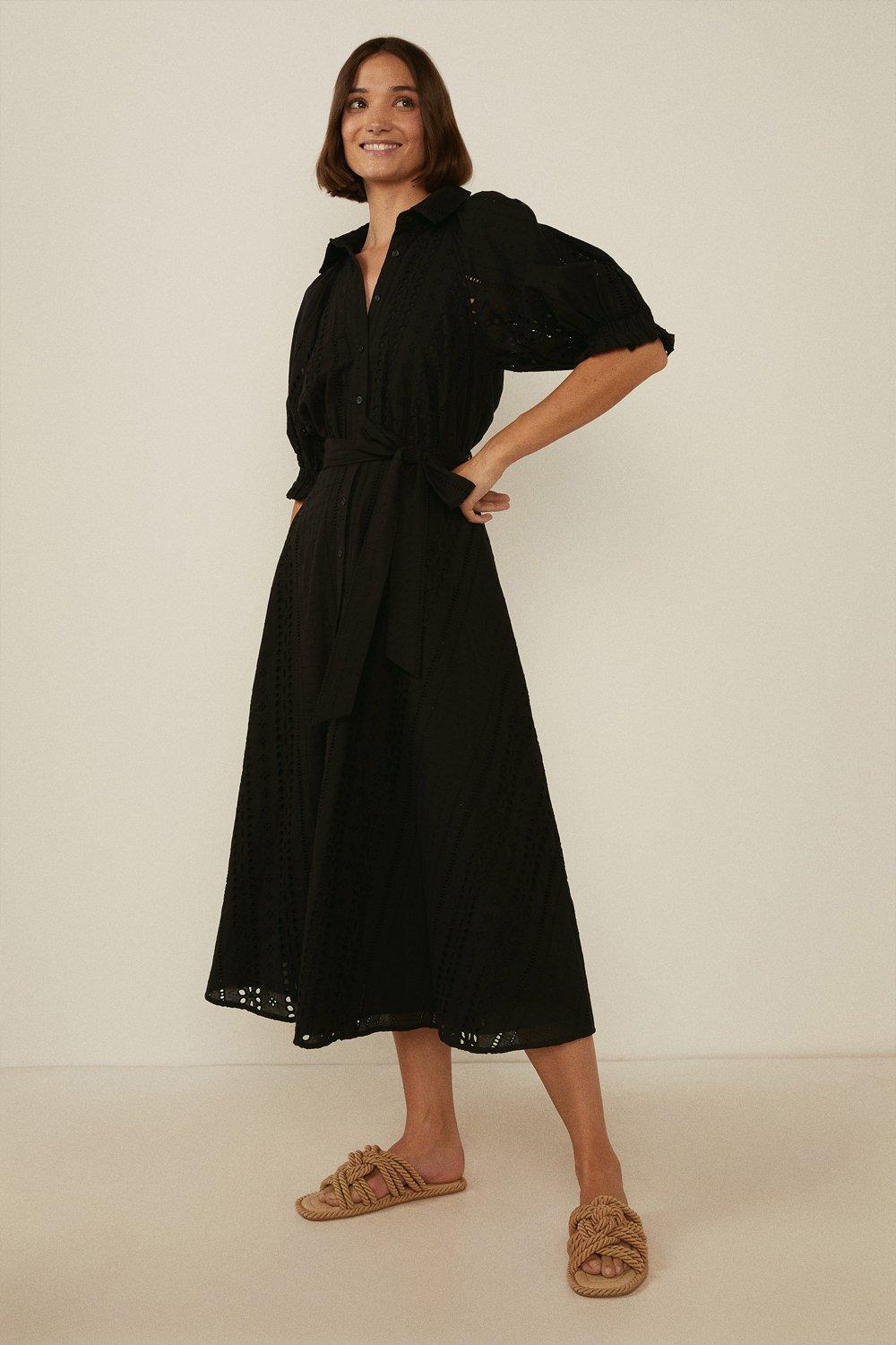 black embroidered shirt dress