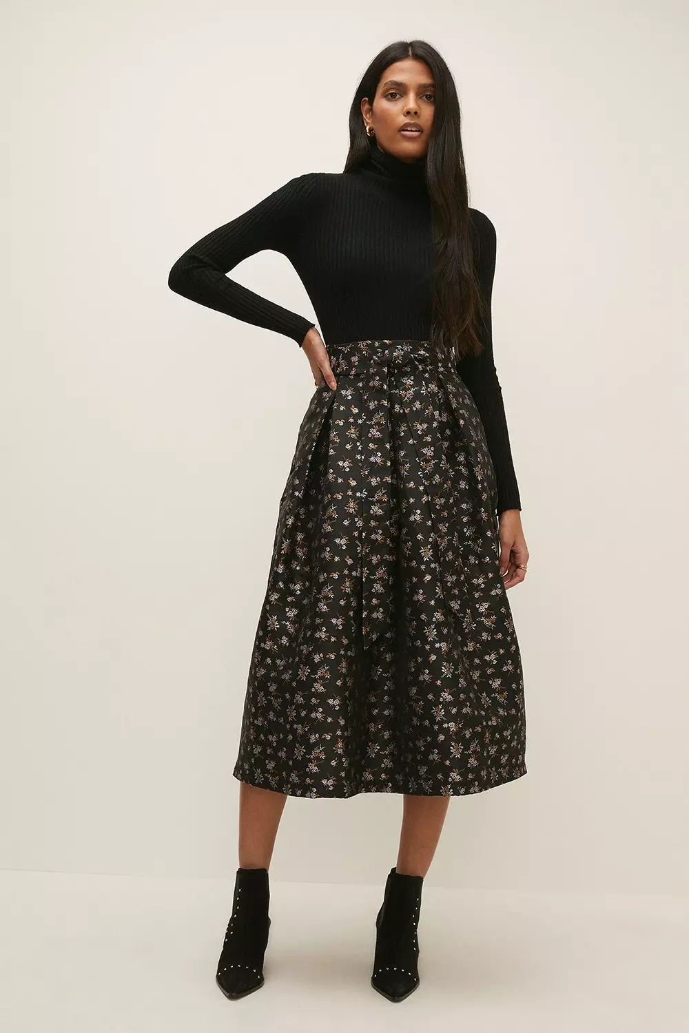 Floral Jacquard Belted Midi Skirt