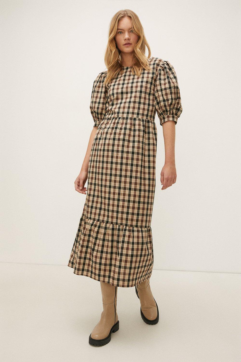 puff sleeve checkered dress