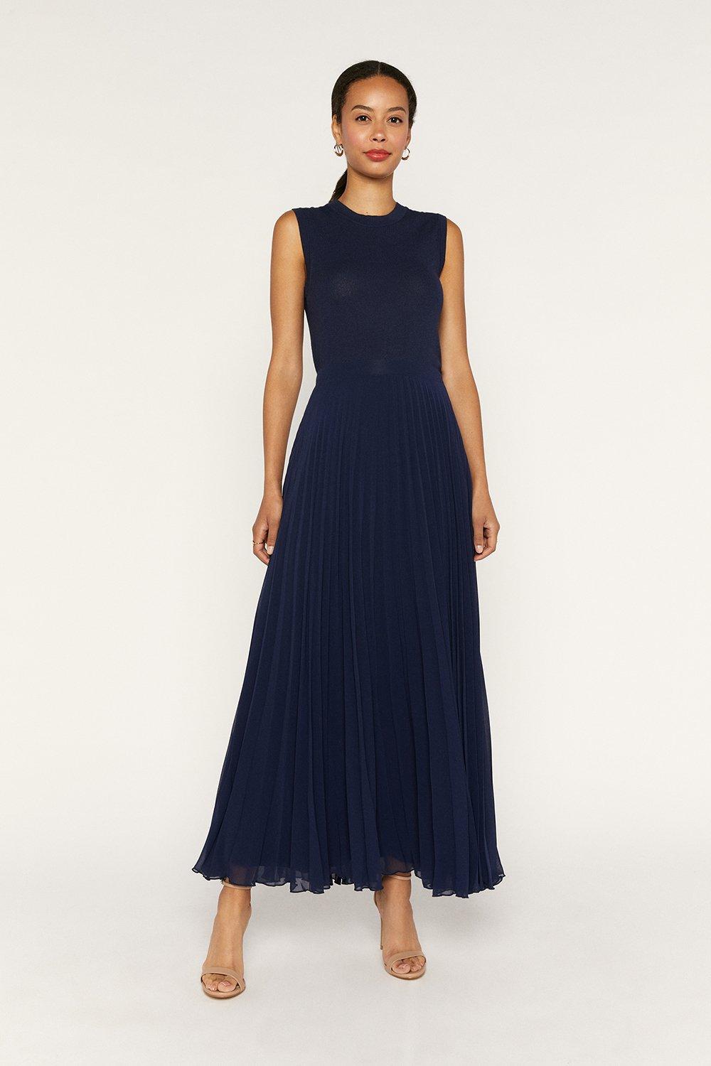 navy pleated maxi skirt