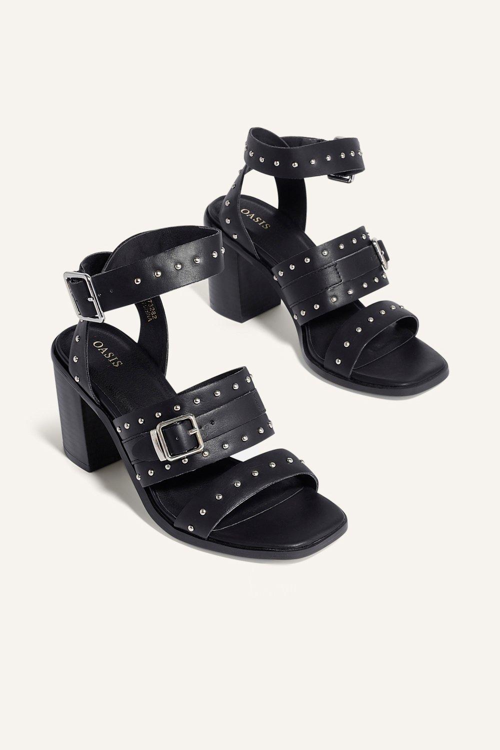 black buckle studded strap sandals