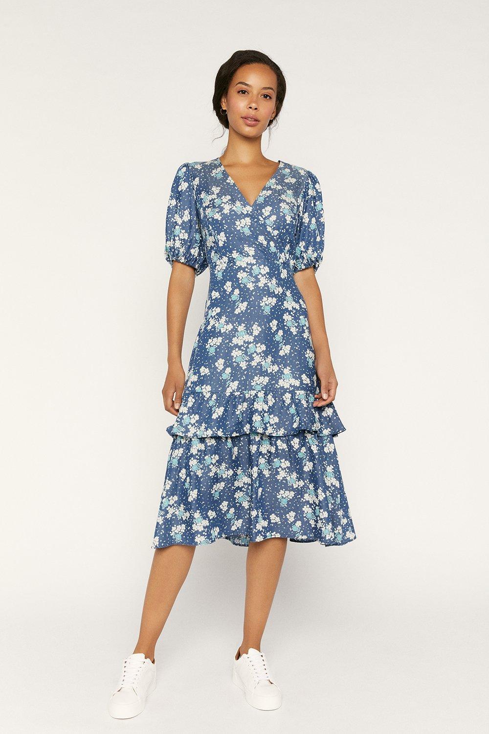 oasis denim frill wrap dress