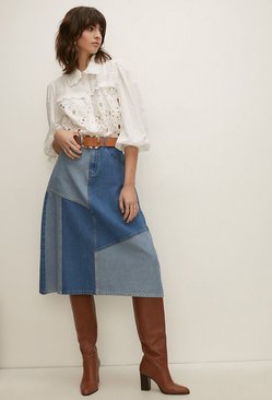 Patched Denim Midi A Line Skirt