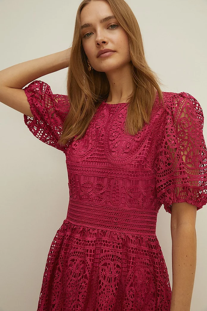 Premium Lace Puff Sleeve Midi Dress | eduaspirant.com