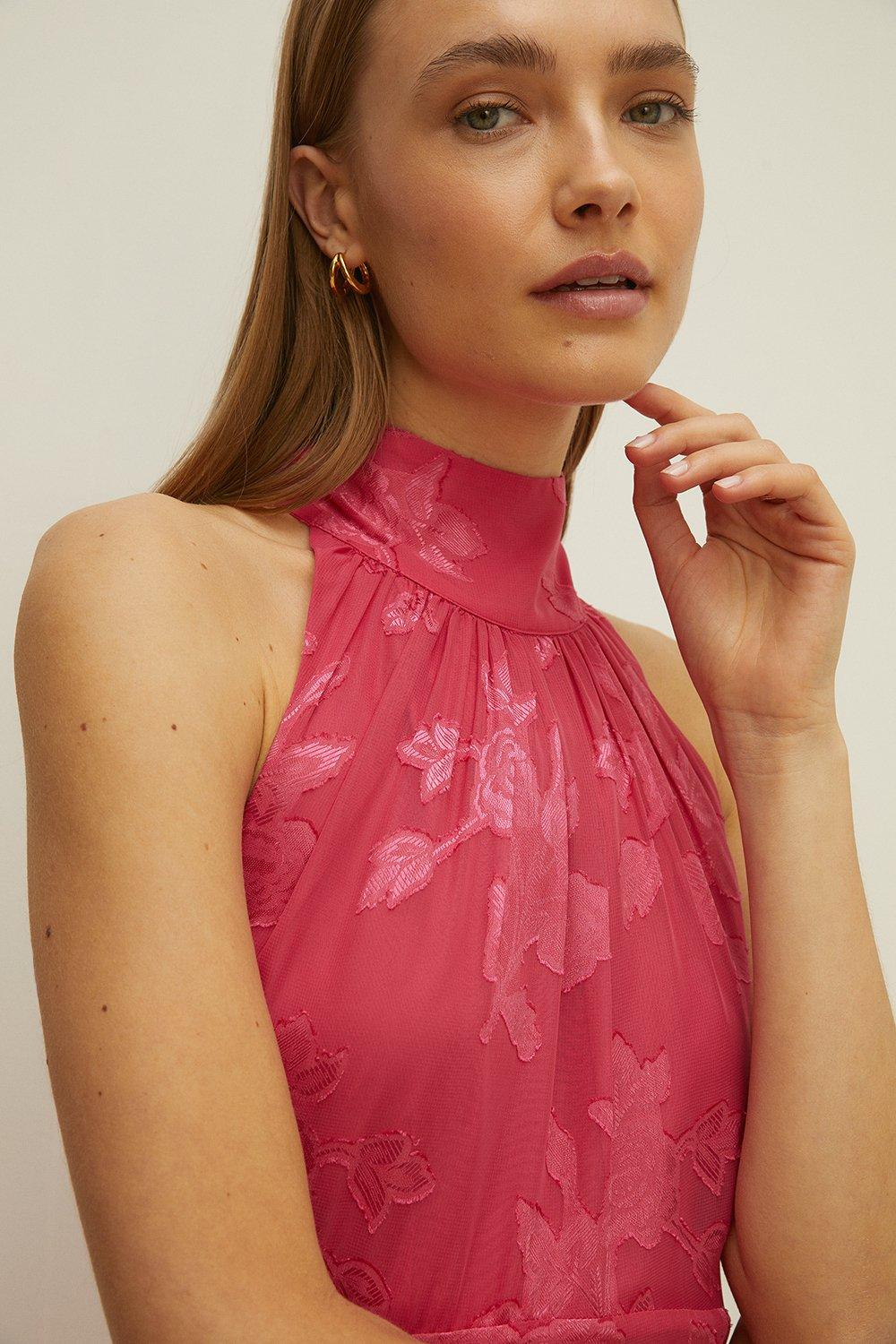 pink halterneck midi dress