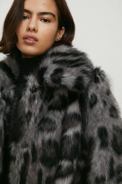 Collared Longline Animal Faux Fur Coat | Oasis