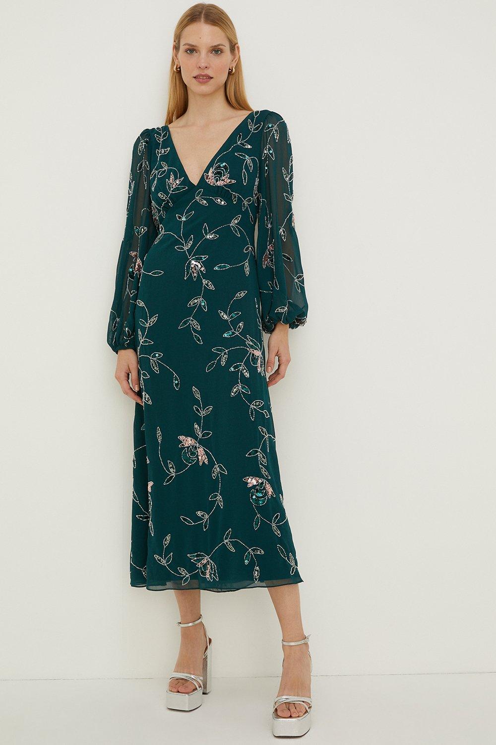 Tonal Embellished Balloon Sleeve Midi Dress | Oasis