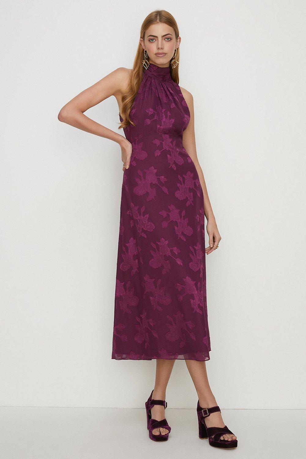 Floral Satin Burnout Halter Neck Midi Dress | Oasis