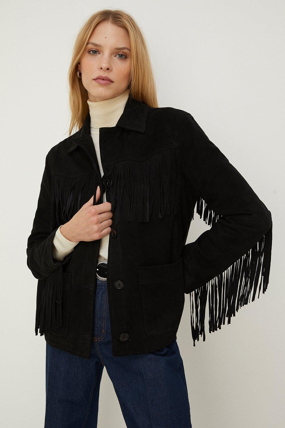 Petite Rachel Stevens Real Leather Fringe Jacket | Oasis
