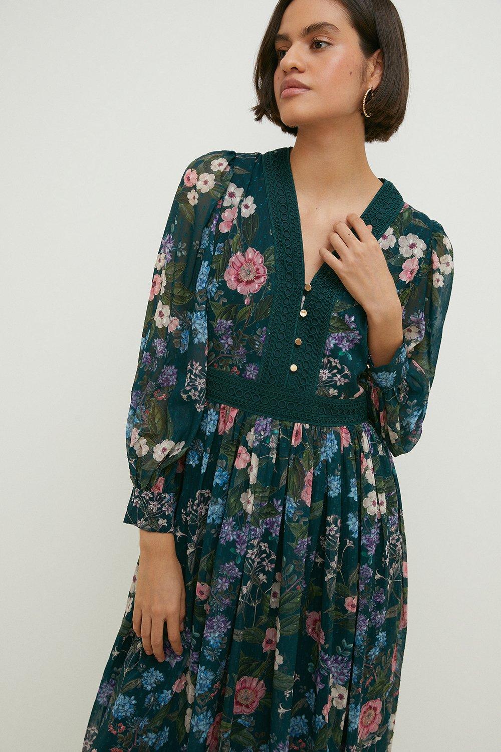 Floral Dobby Chiffon Lace V Neck Midi Dress | Oasis